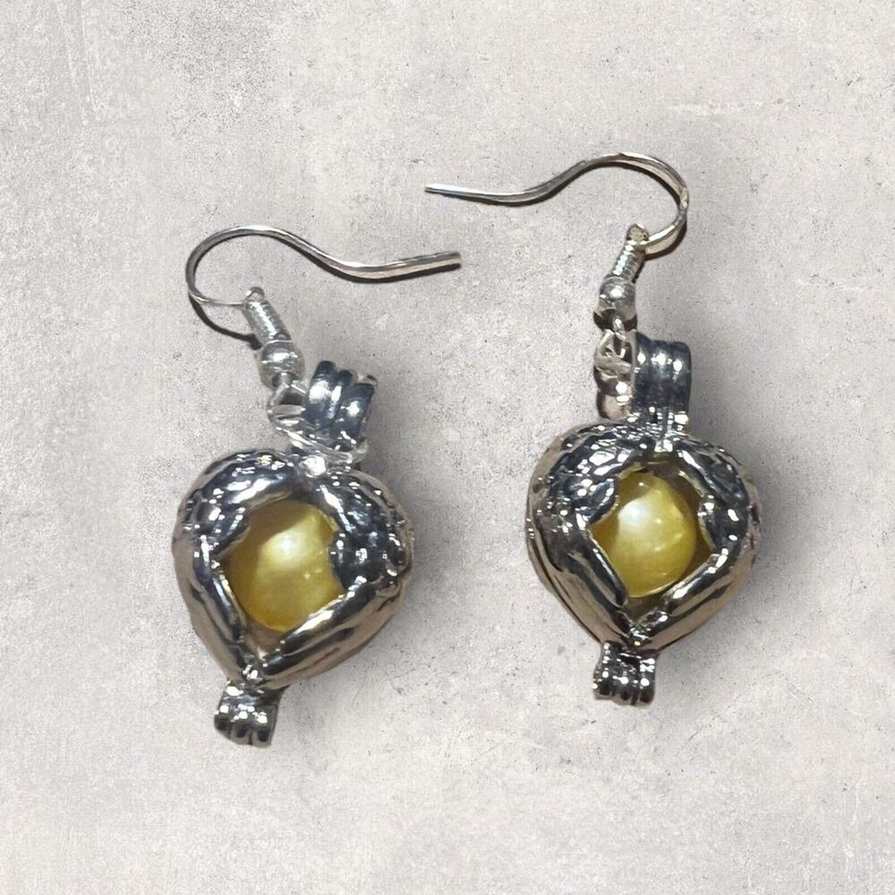 Silver Heart Shaped Cage Earrings and Pendant Necklace Set with Yellow Pearls - Picture 3 of 5